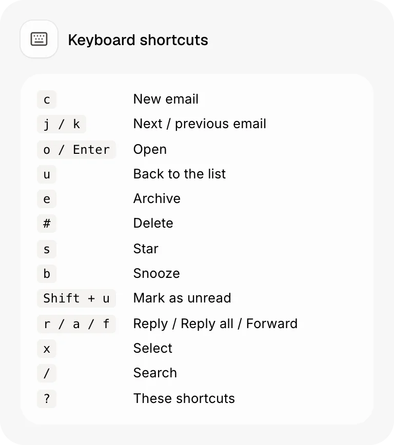 The Keyboard shortcuts card in Email settings