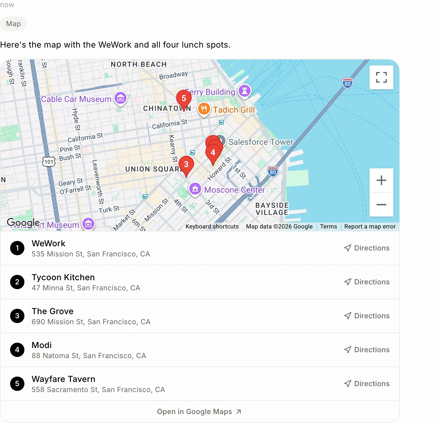 A reply with a map of numbered pins and the places listed below