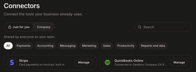 The QuickBooks Online card on the Company tab of Connectors
