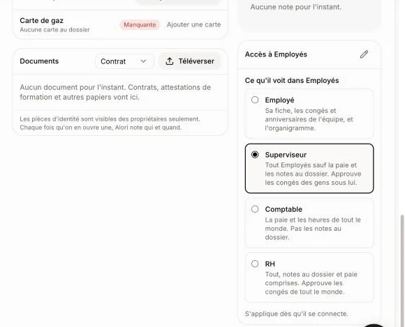 Accès à Employés dans le dossier d'un employé, avec Superviseur sélectionné