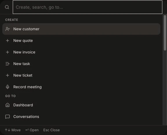 The search with the Create and Go to lists