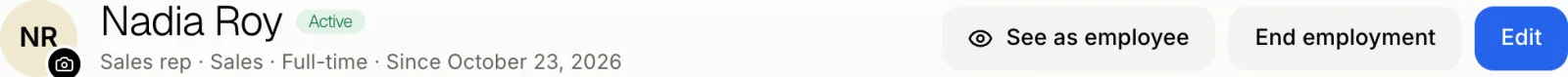 The top of an employee's file, with End employment