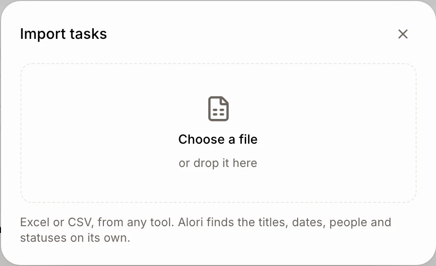 The Import tasks window with the drop zone