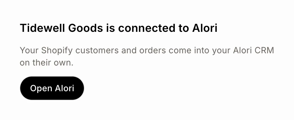 Alori in the Shopify admin, with Open Alori