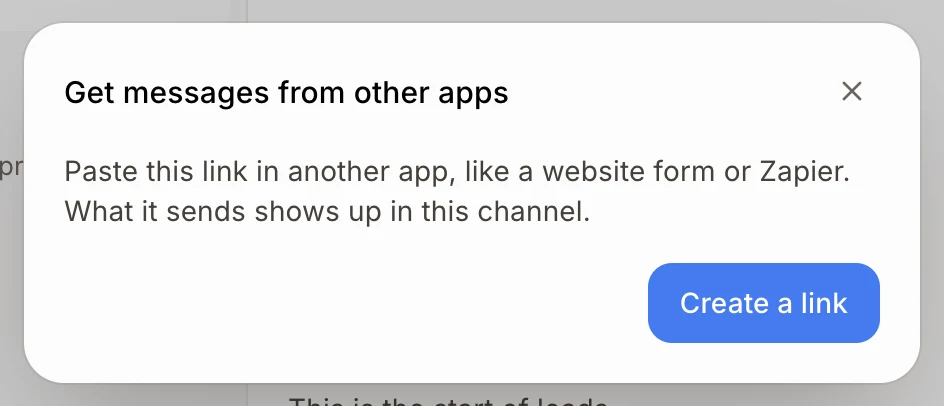 The Get messages from other apps window with the Create a link button