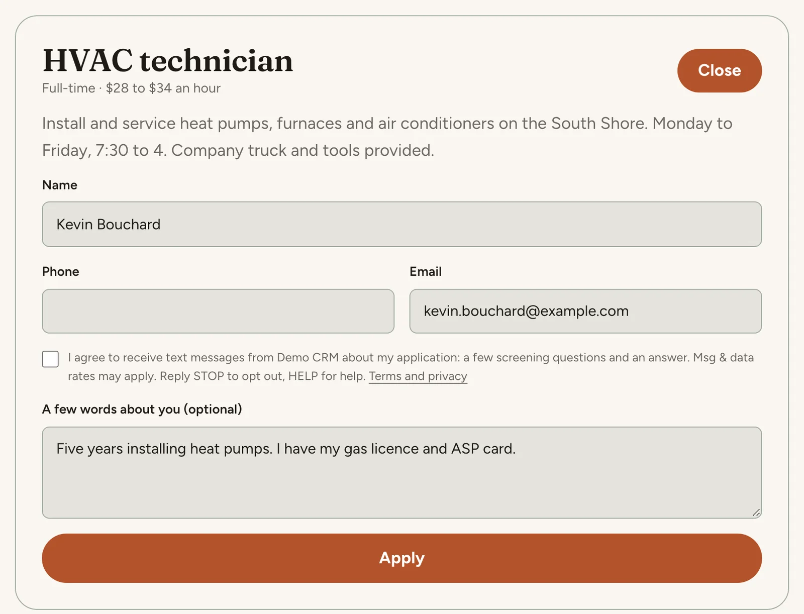An opening on the career page, with its form