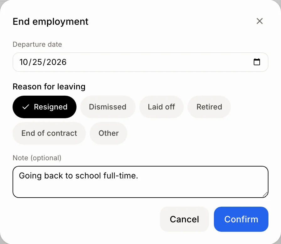 End employment with Resigned picked and a note