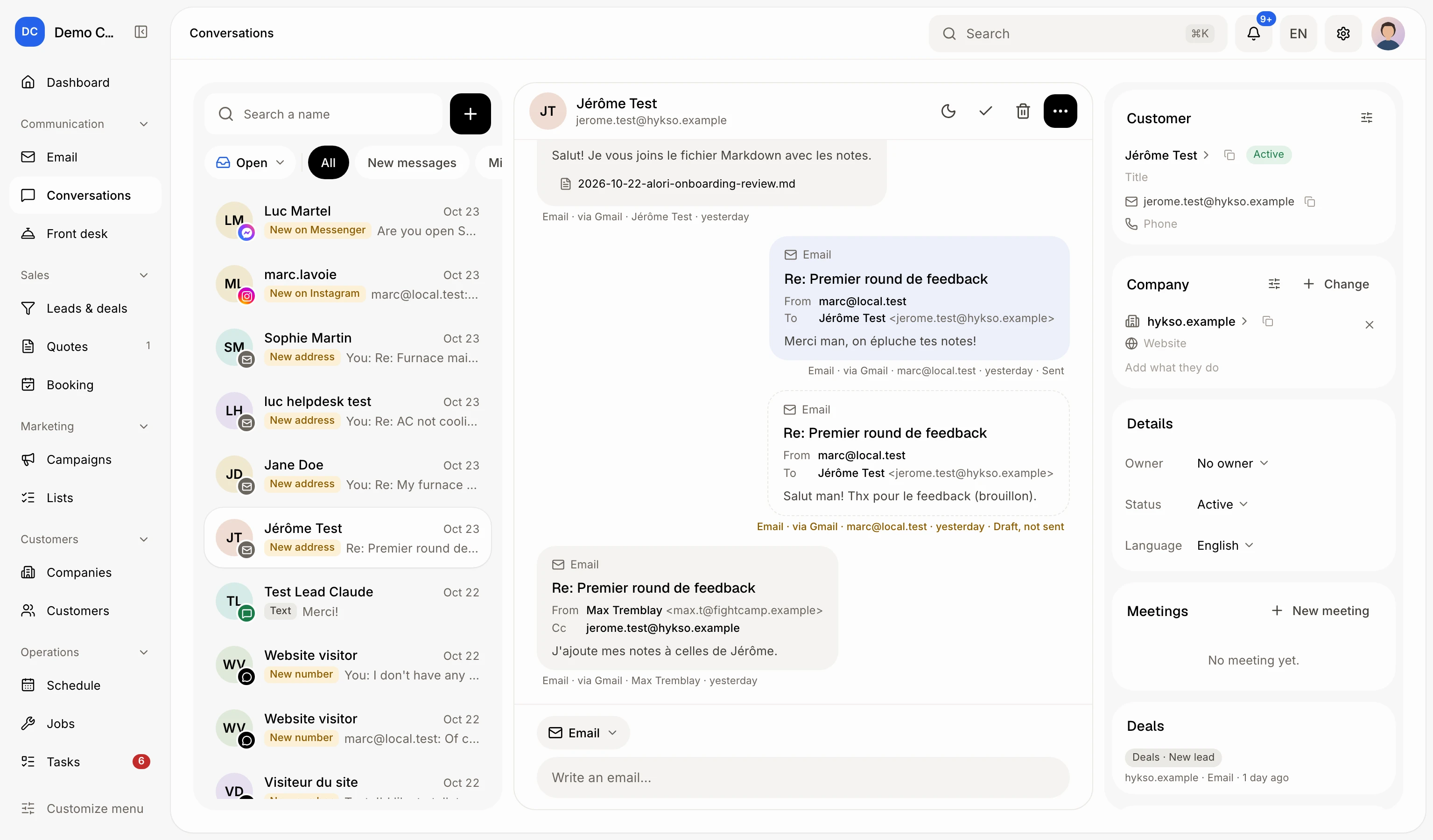 The Conversations list with a thread open