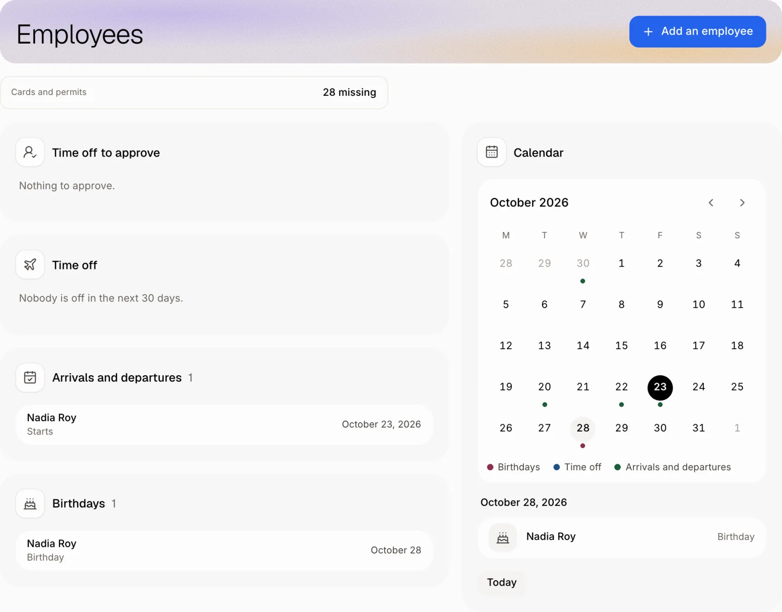 L'accueil Employés : congés à approuver, les 30 prochains jours et le calendrier