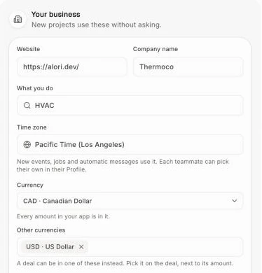 The Currency and Other currencies rows in Your business