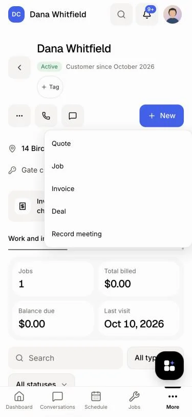 Record meeting in a customer's + New menu