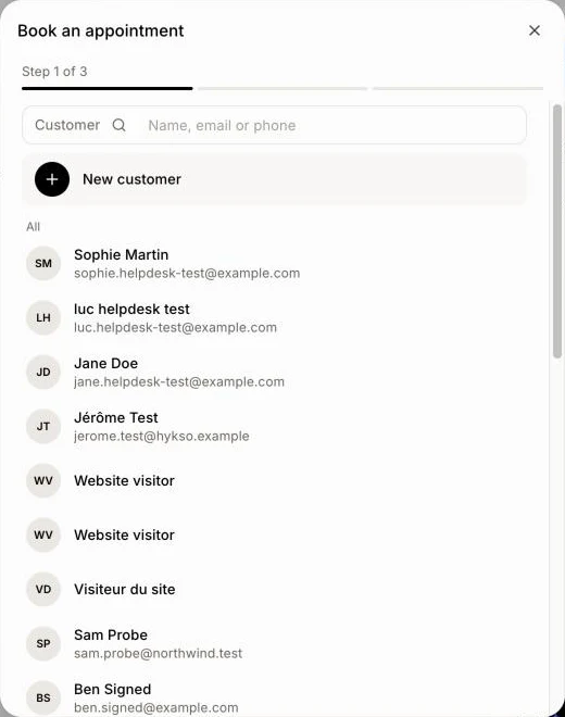 The customer list with New customer on top