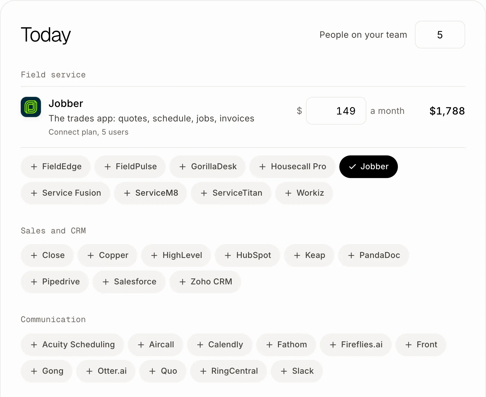 The Today card with Jobber, Wix and QuickBooks Online ticked