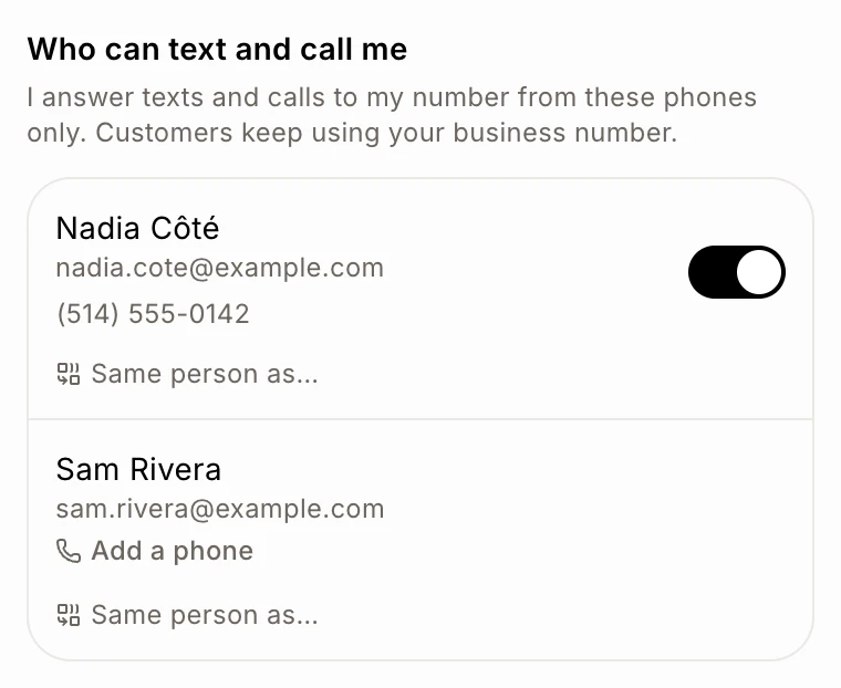 The list of people with a mobile number and the switch on