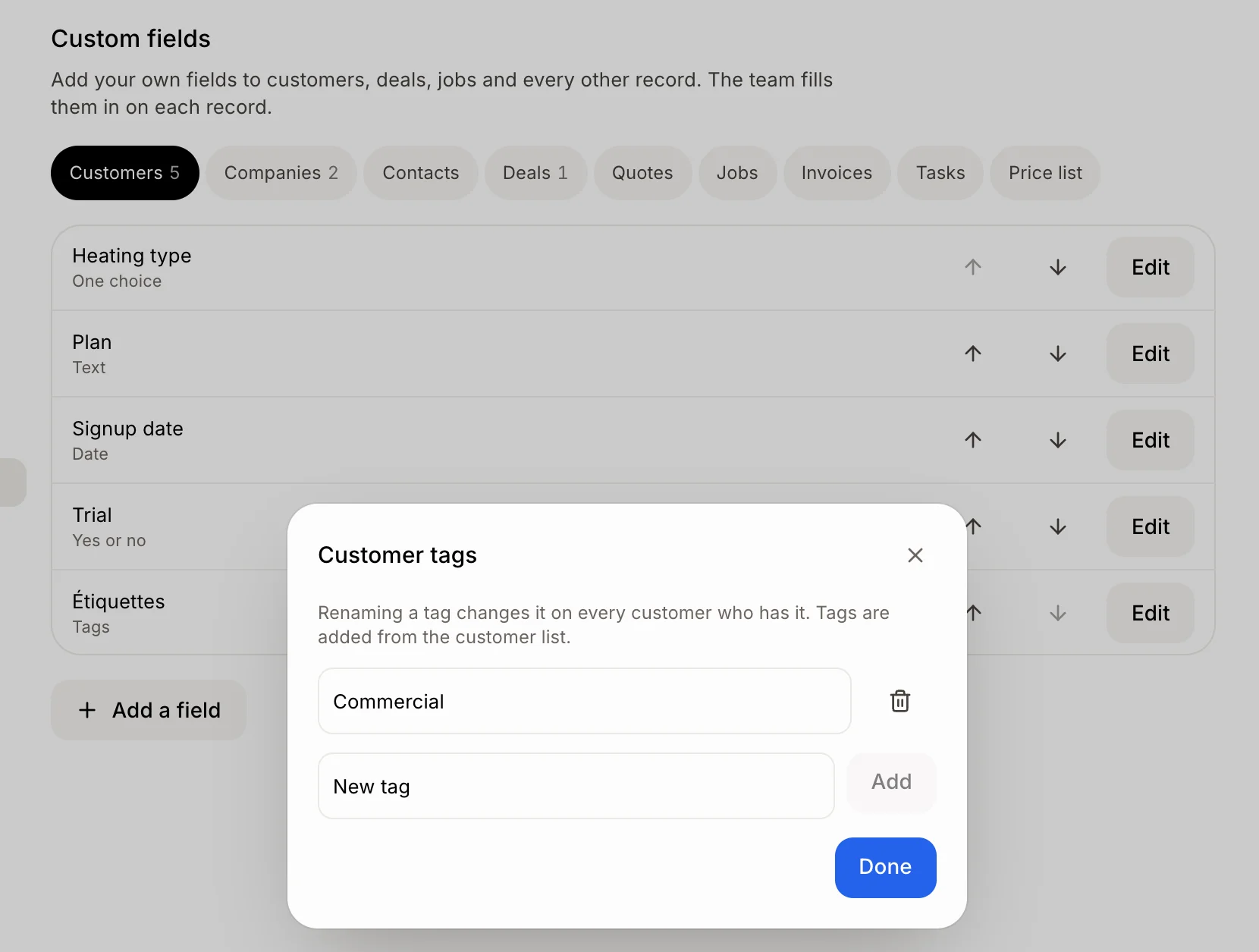 The Customer tags window in Settings