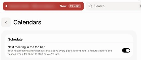 The Next meeting in the top bar switch in Settings › Calendars