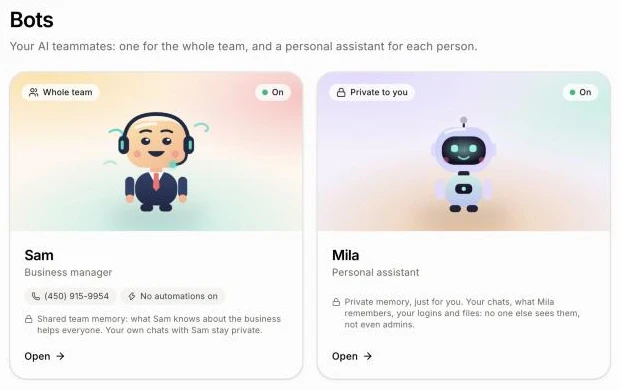 The Bots page with Sam, Business manager, and Mila, Personal assistant