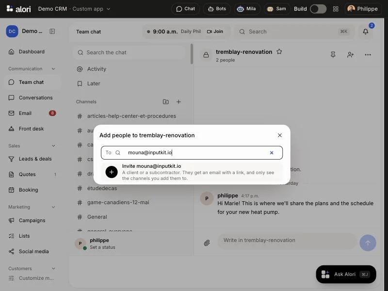 An email typed in To, with Invite and the email at the top