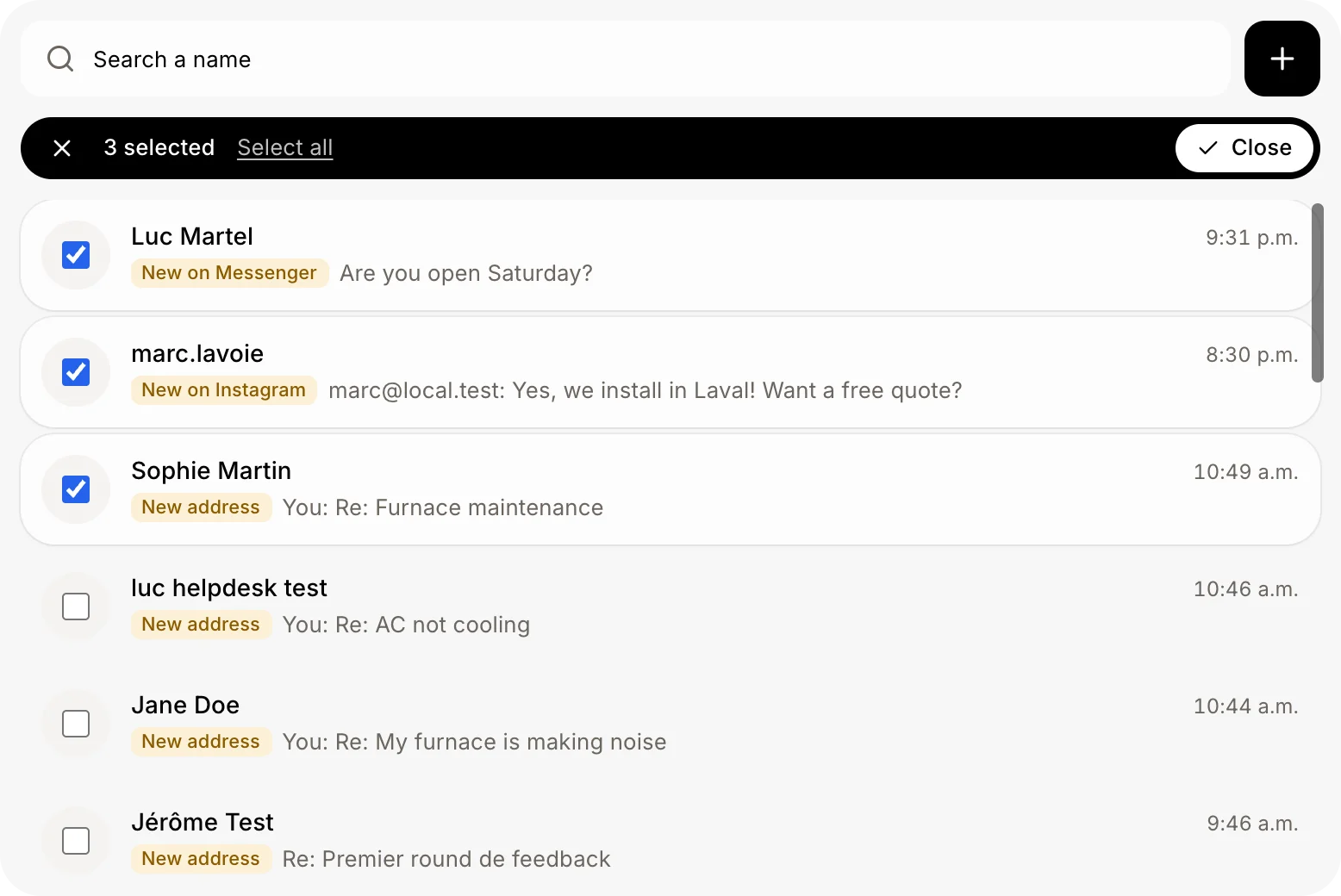 Three conversations picked, with the dark bar above the list