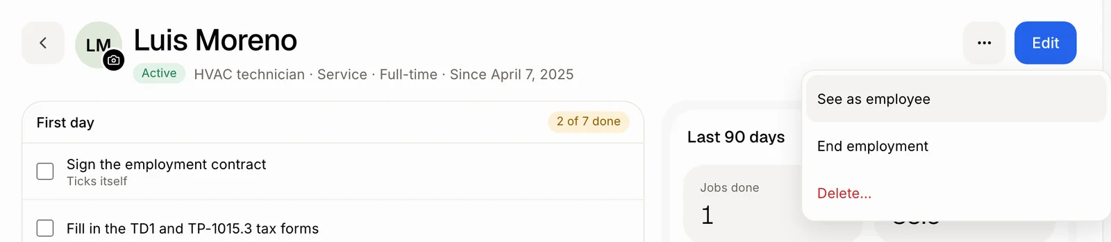 The ⋯ menu of an employee's file, with See as employee
