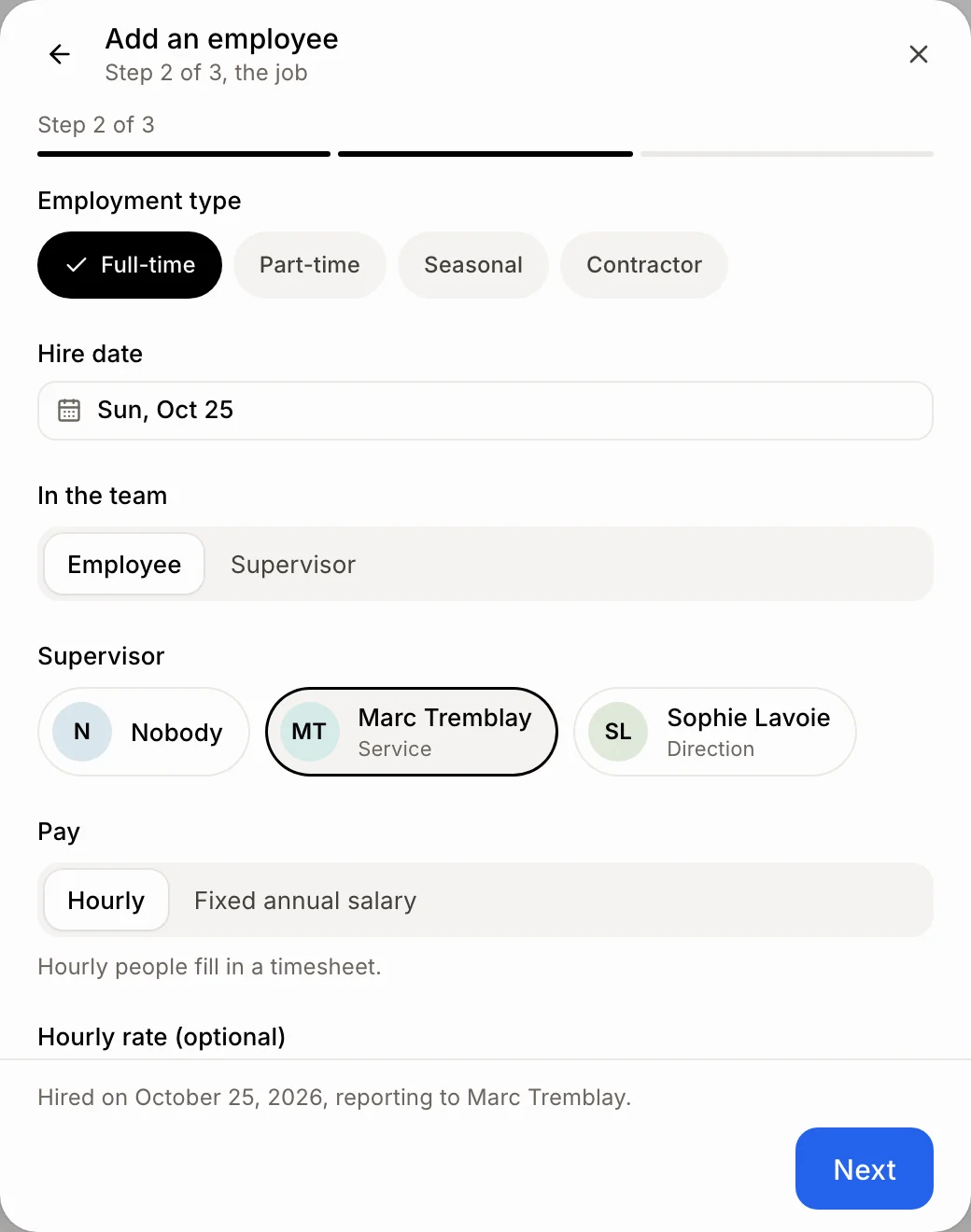 Step 2 of Add an employee: Employee or Supervisor, and the pay