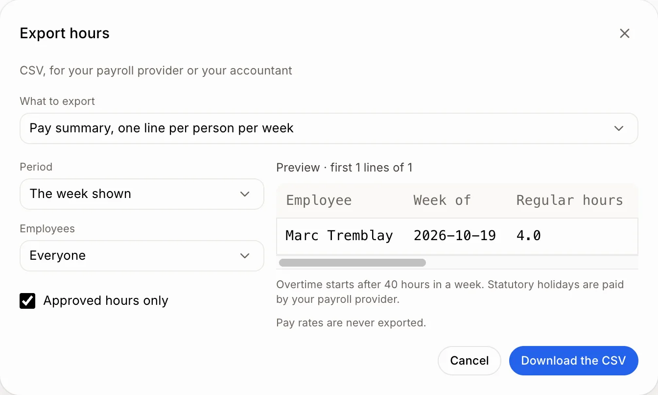 The Export hours window with the pay summary