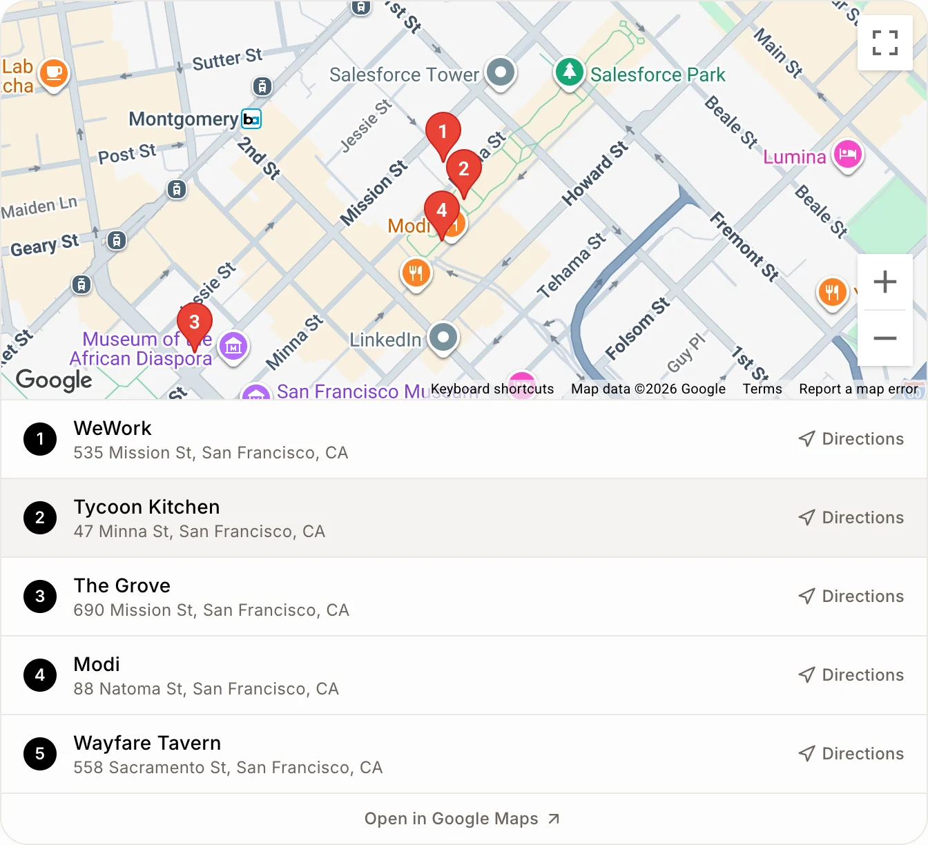 The map zoomed in on one place, picked in the list, with Directions on each row