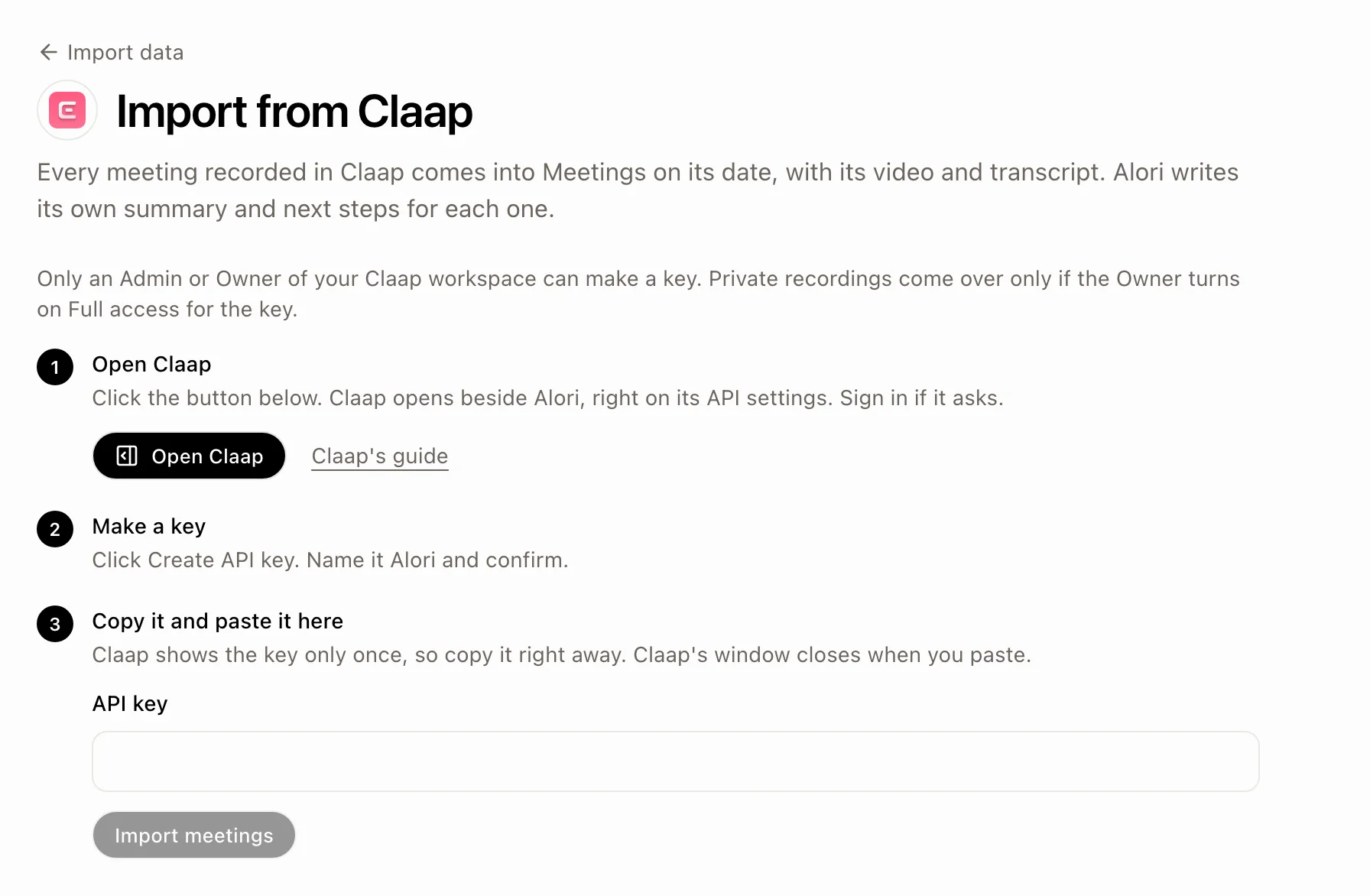 The three Claap steps, with Open Claap and the API key field