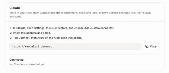 The Claude card in Alori's Settings, with the address to copy