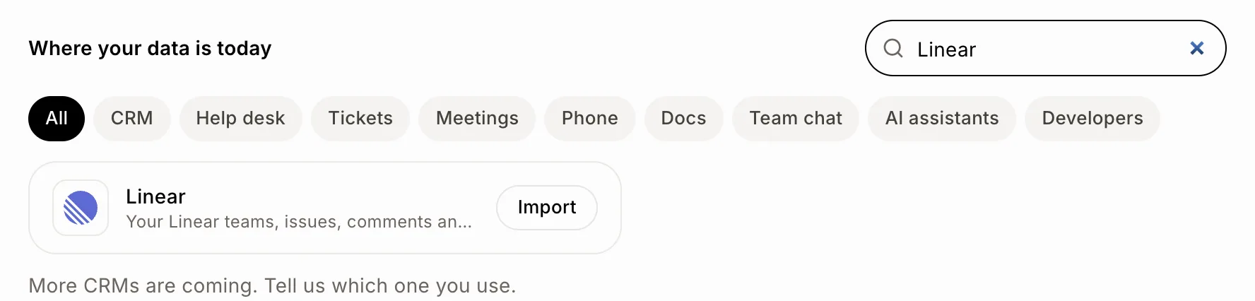 Linear dans Importer des données, avec son bouton Importer