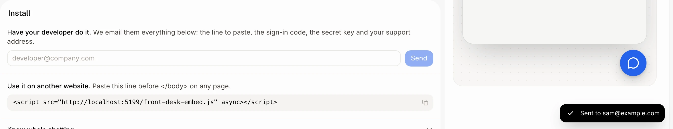 The Sent to message after clicking Send