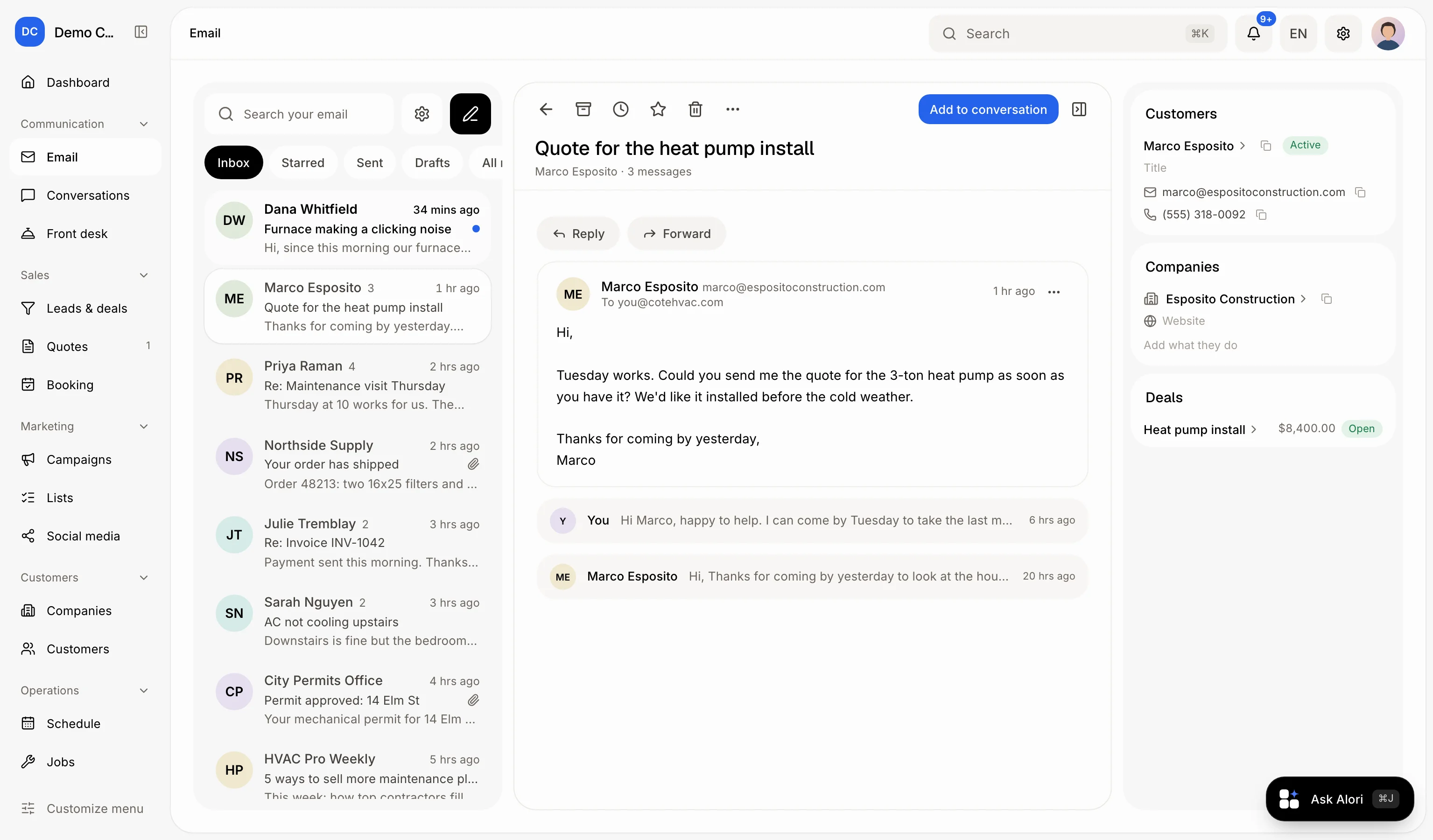 An open email with its actions and the In your CRM panel