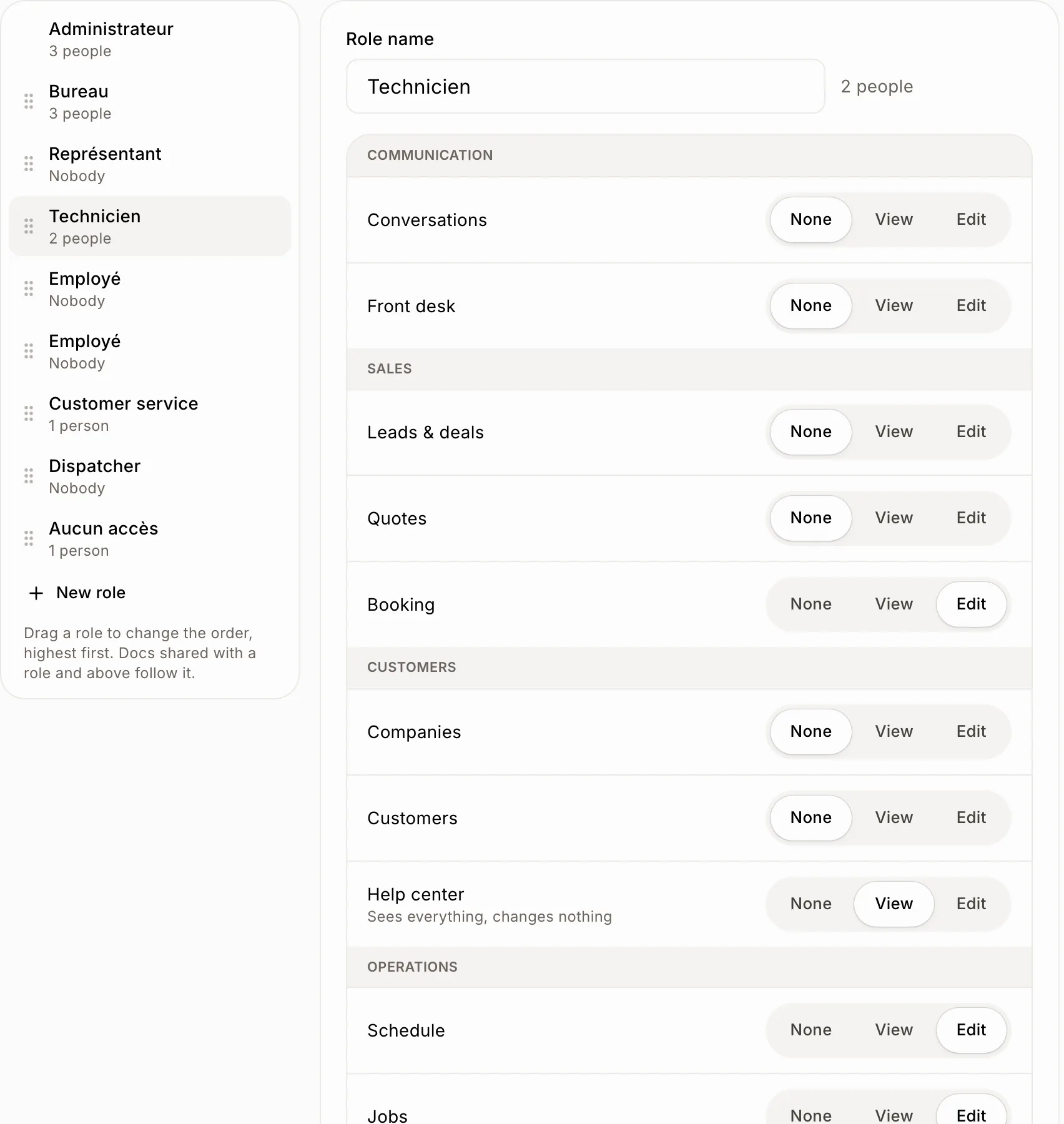 A role open, with None, View and Edit for each module