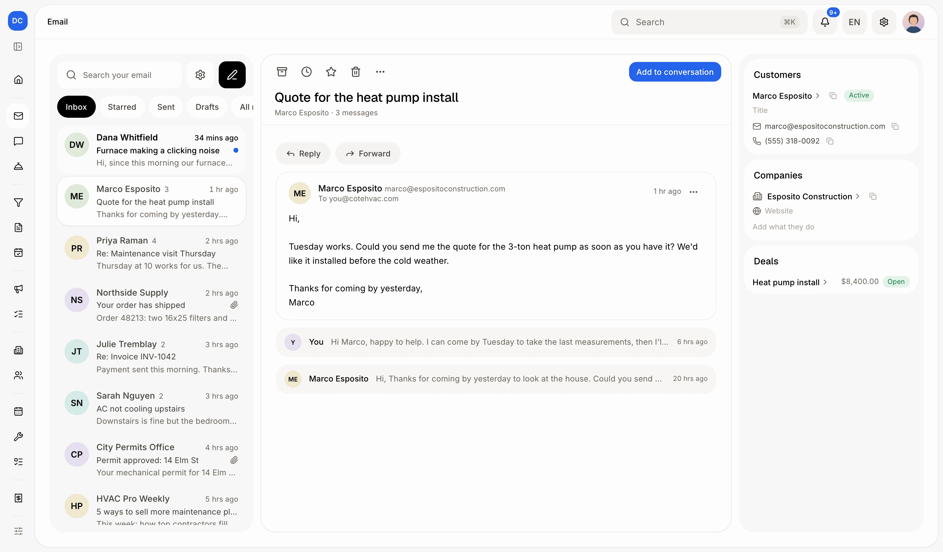 An open email on the Email page
