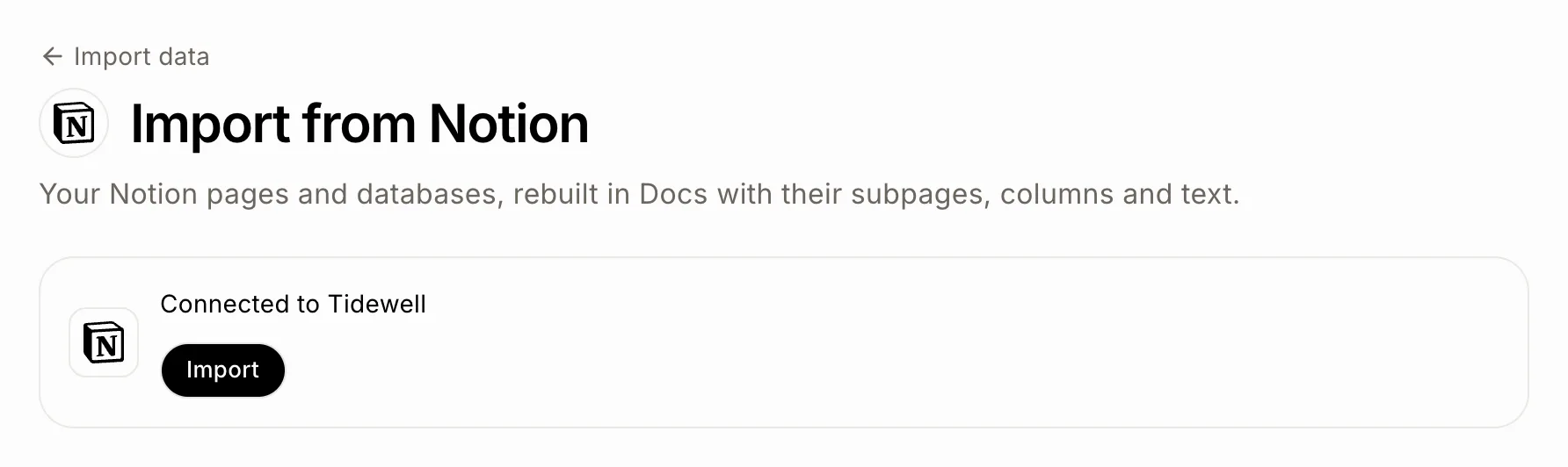 Connecté à Notion, avec le bouton Importer
