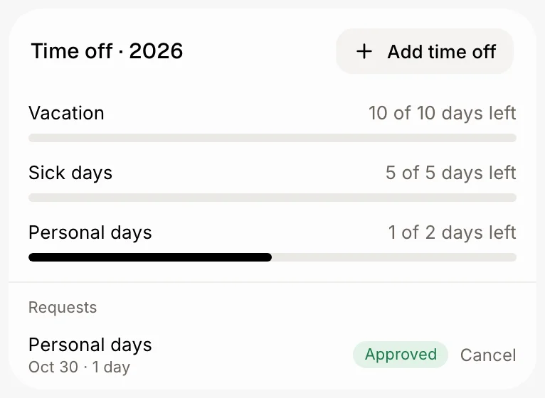 Time off on an employee's file, with the days left