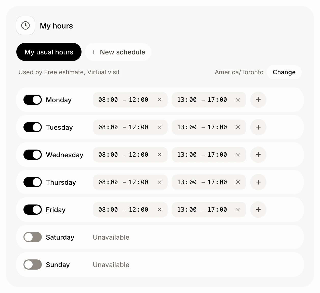 The week with hours for each day