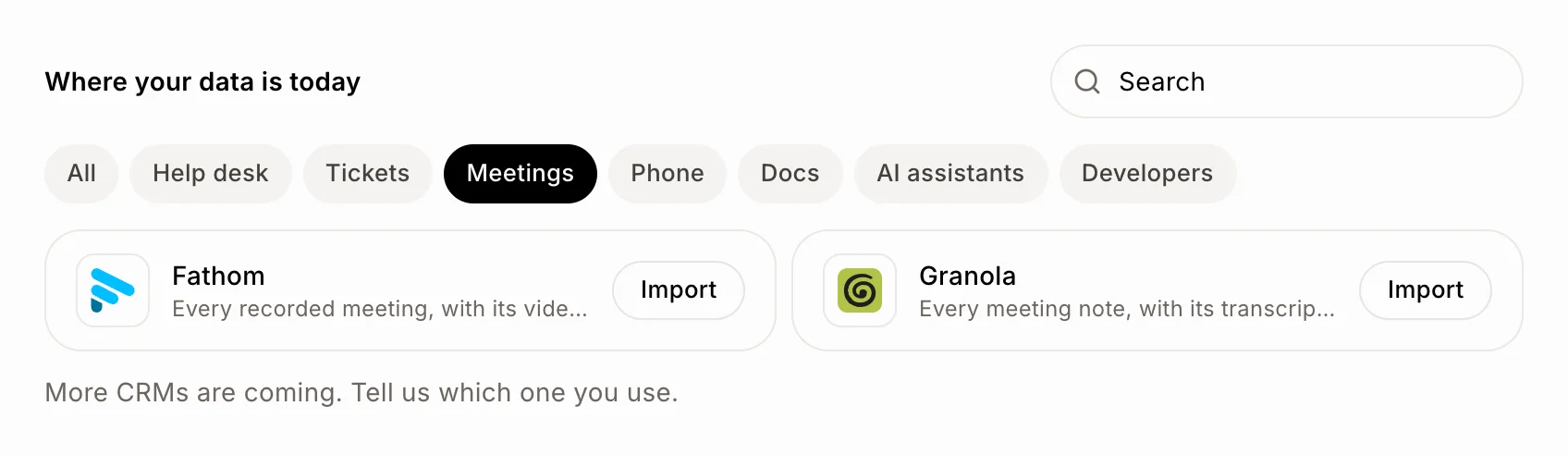 Fathom et Granola sous Réunions sur la page Importer des données