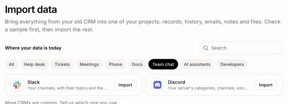 Import data showing Slack and Discord under Team chat
