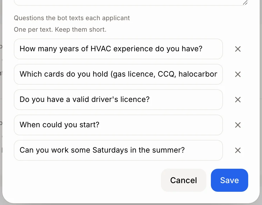 Questions the bot texts each applicant, on an opening