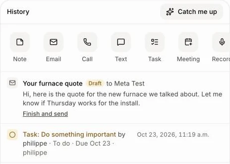 An unsent email in a deal's History with a Draft badge
