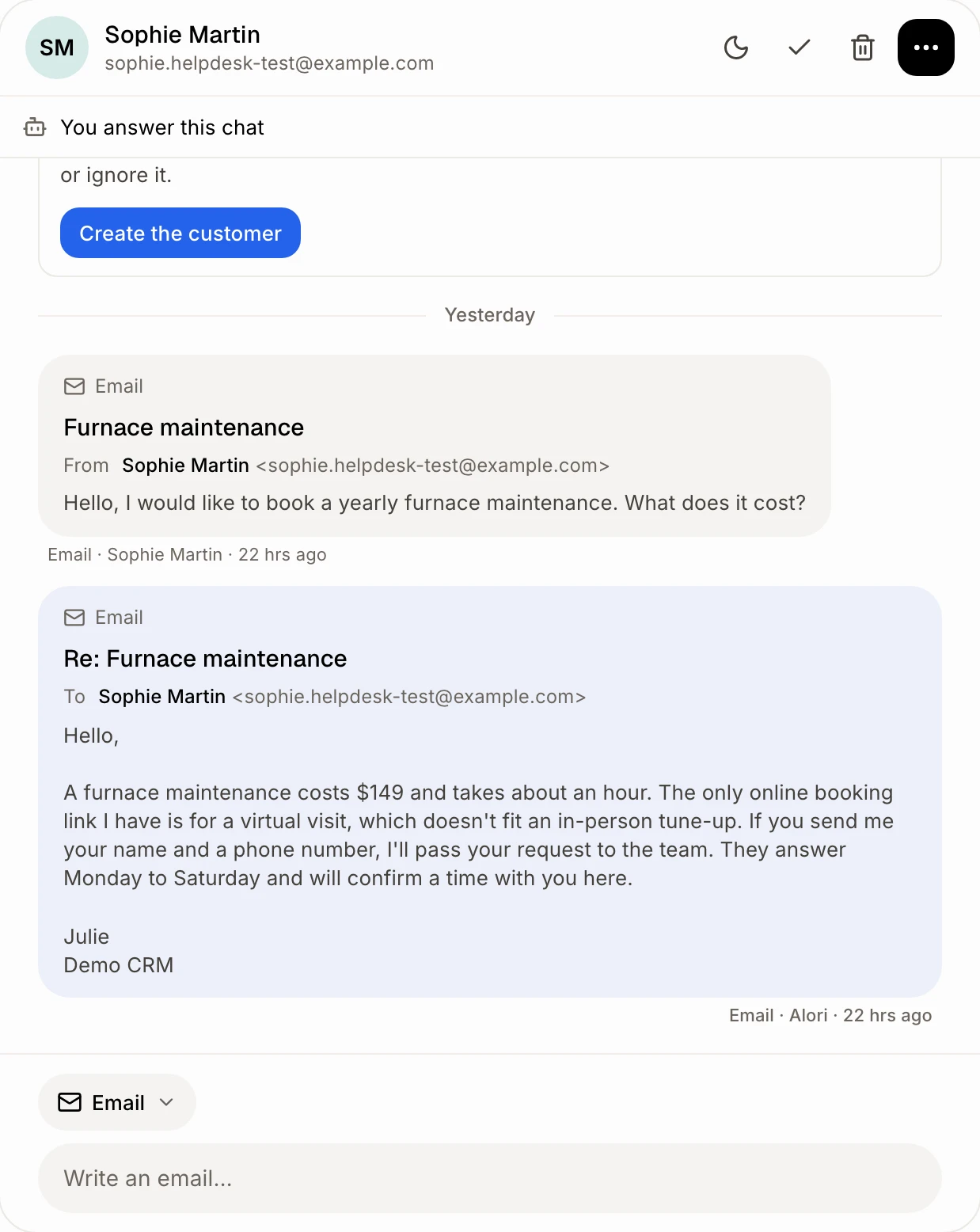 A forwarded email in Conversations, with the bot's email reply