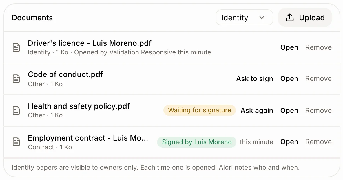 Identity picked in Documents, beside Upload