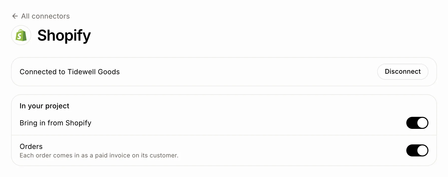Shopify's page on Connectors, with Bring in from Shopify and Orders