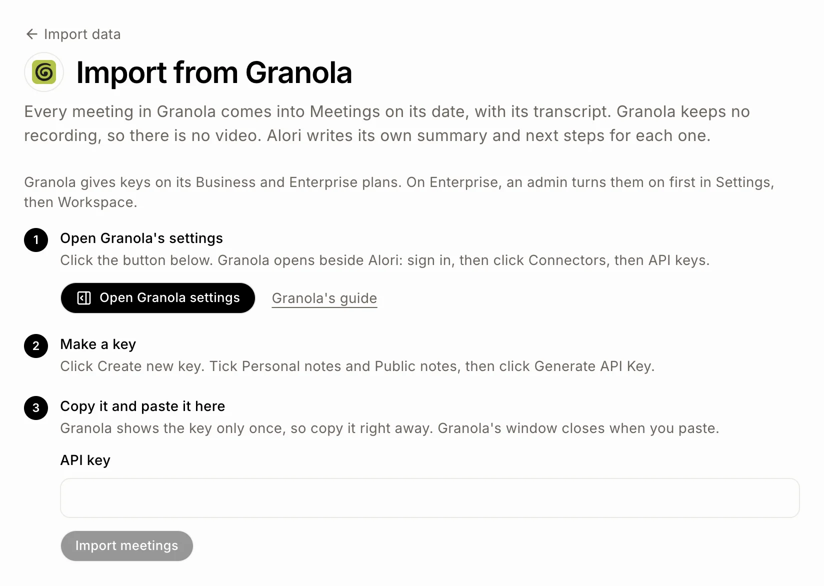 Les trois étapes Granola, avec Open Granola settings et le champ de clé API