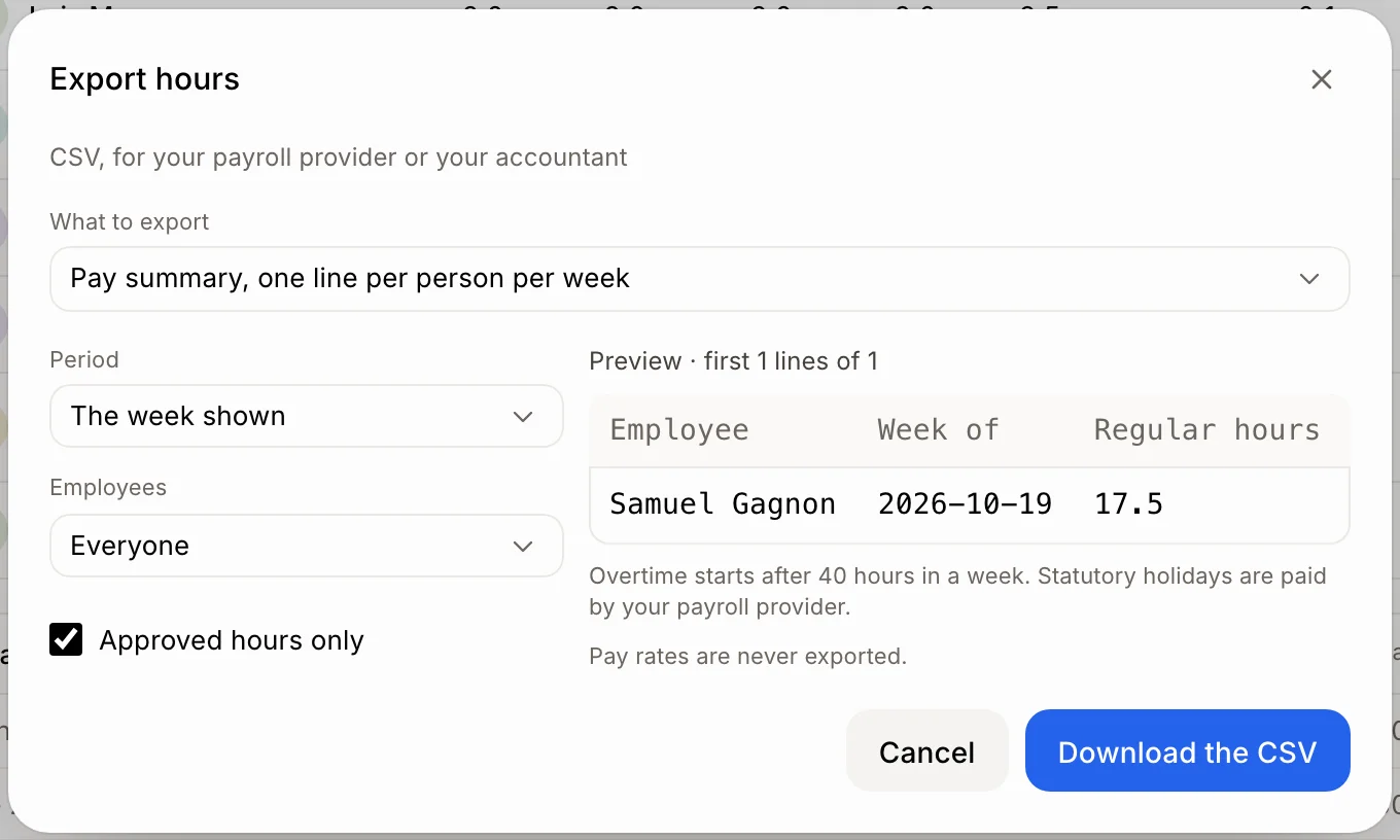 The Export hours window with the pay summary