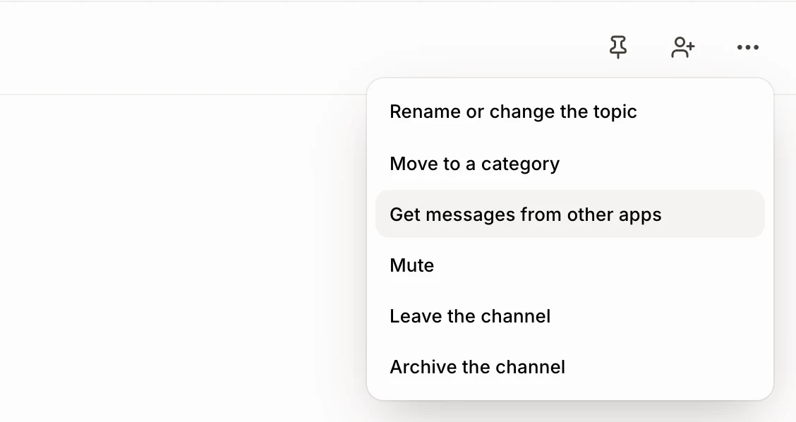 The Channel options menu open, with Get messages from other apps