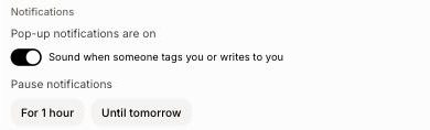 Pop-up notifications are on, with the Sound switch and the For 1 hour and Until tomorrow buttons