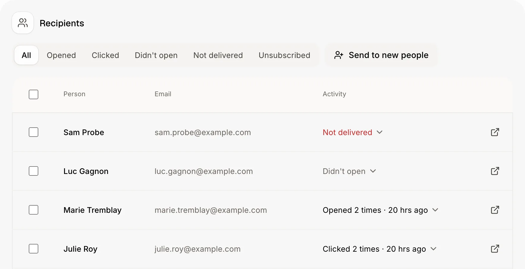 The Send to new people button next to the Recipients filters