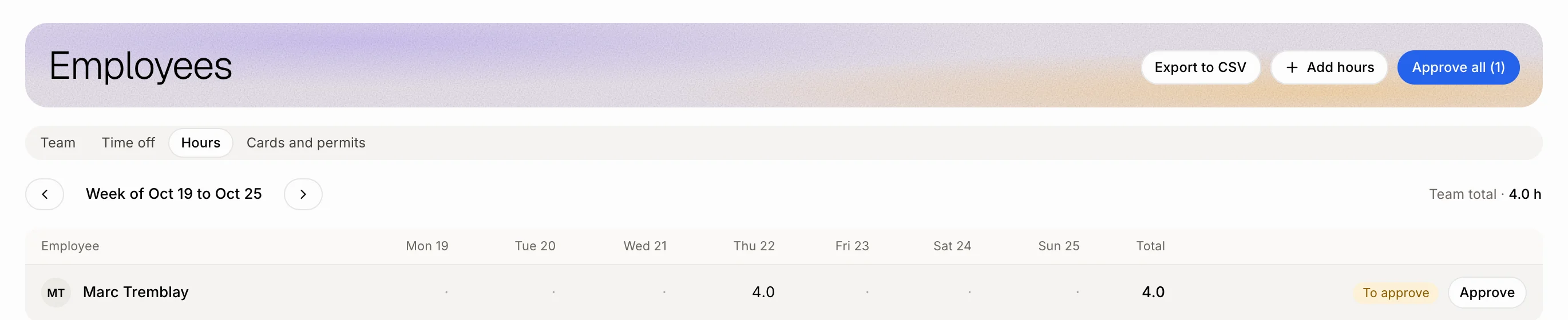 The Hours page with Approve all